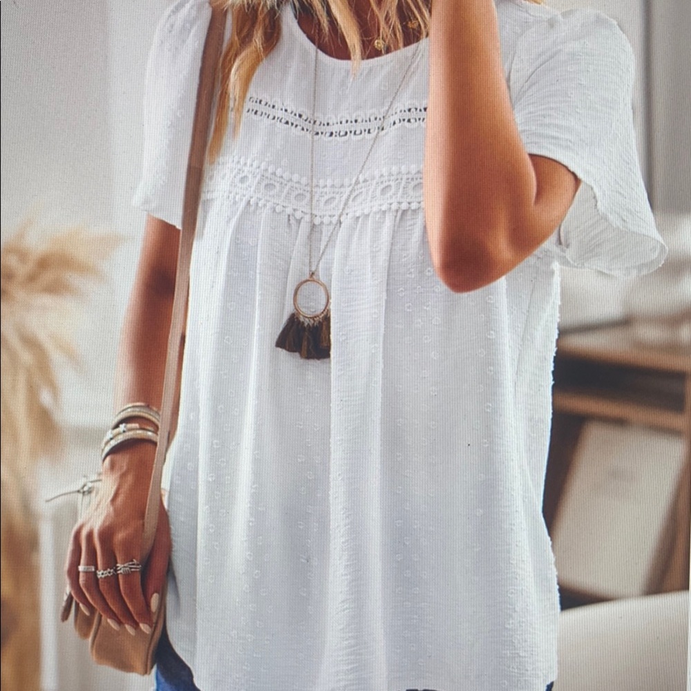 White Lace Yoke Short Sleeve Top - Brand